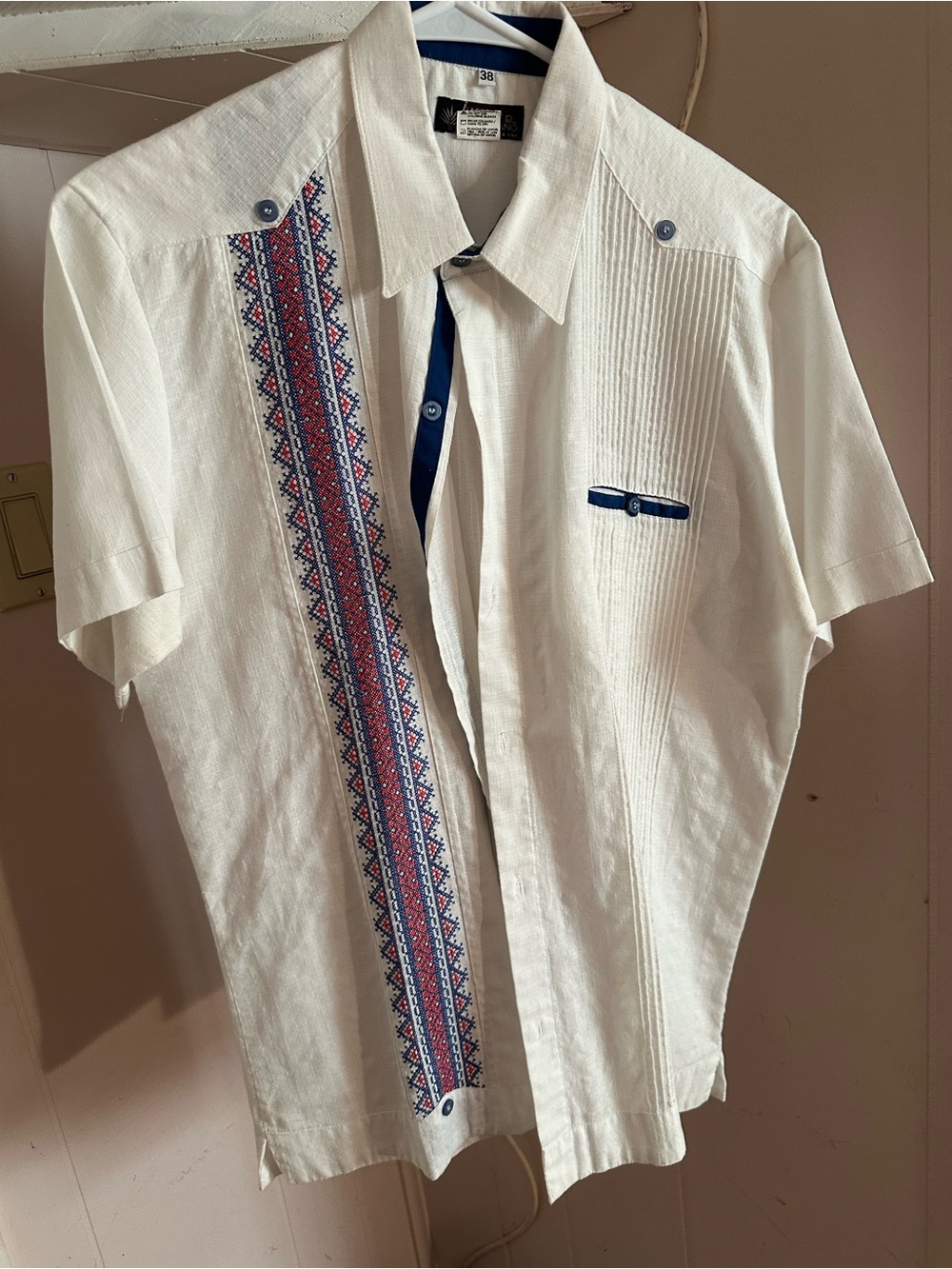 Mexican Casanova guayabera Dress Shirt White Linen Short Sleeve  Size 38